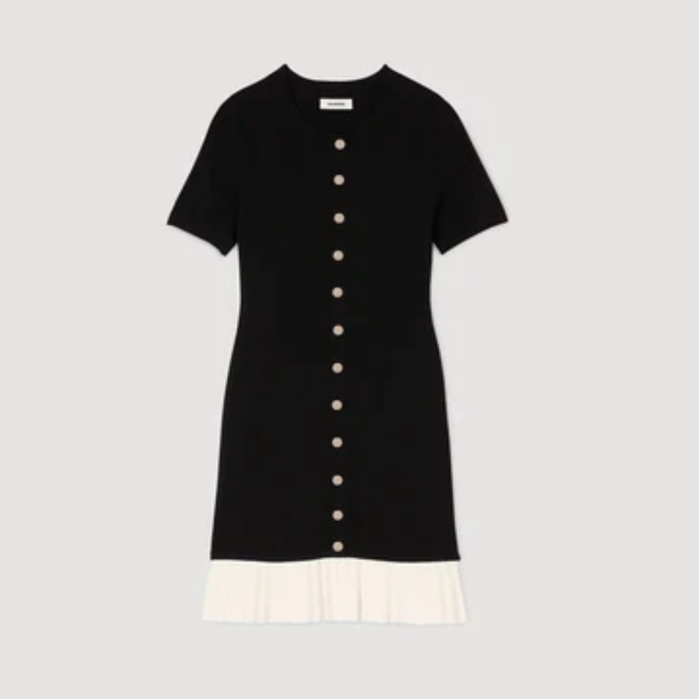 Sandro Black Short-Sleeve Button-Front Dress with White Pleated Hem